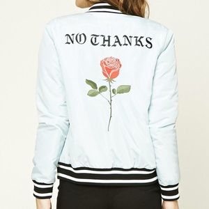 🦋SATIN🦋 Blue “No Thanks” Bomber Jackets